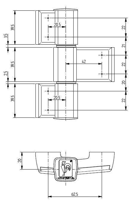 Dr. Hahn serie 60, 3-lehtinen sarana, 62,5 mm, mitat